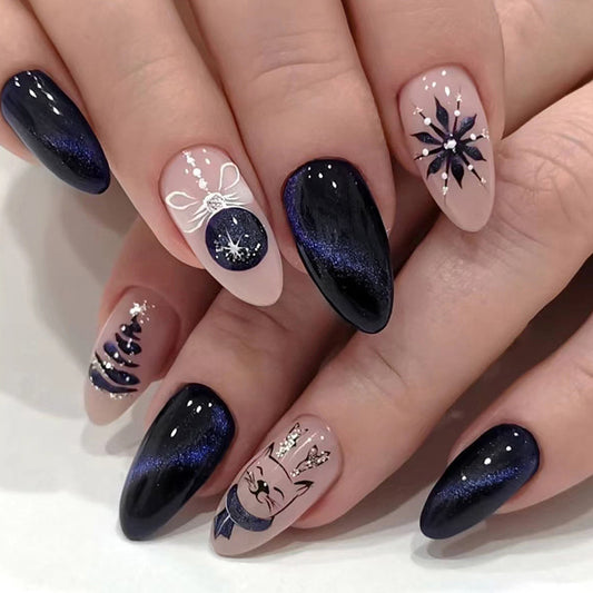 Winter Christmas Press-on Nails – Festive Blue Galaxy with Snowflakes & Holiday Designs