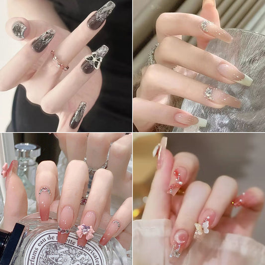 Luxury Press-on Nails with Rhinestones & Floral Designs – Elegant & Glamorous Nail Tips for Special Occasions