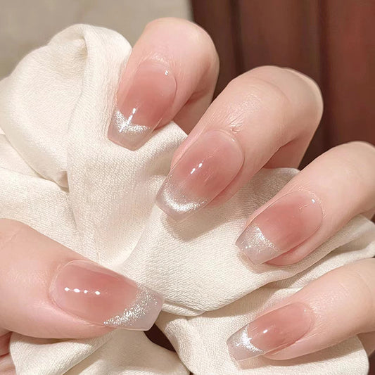 French Gradient Press-on Nails with Silver Tips – Elegant & Simple Nail Tips for Everyday Glam