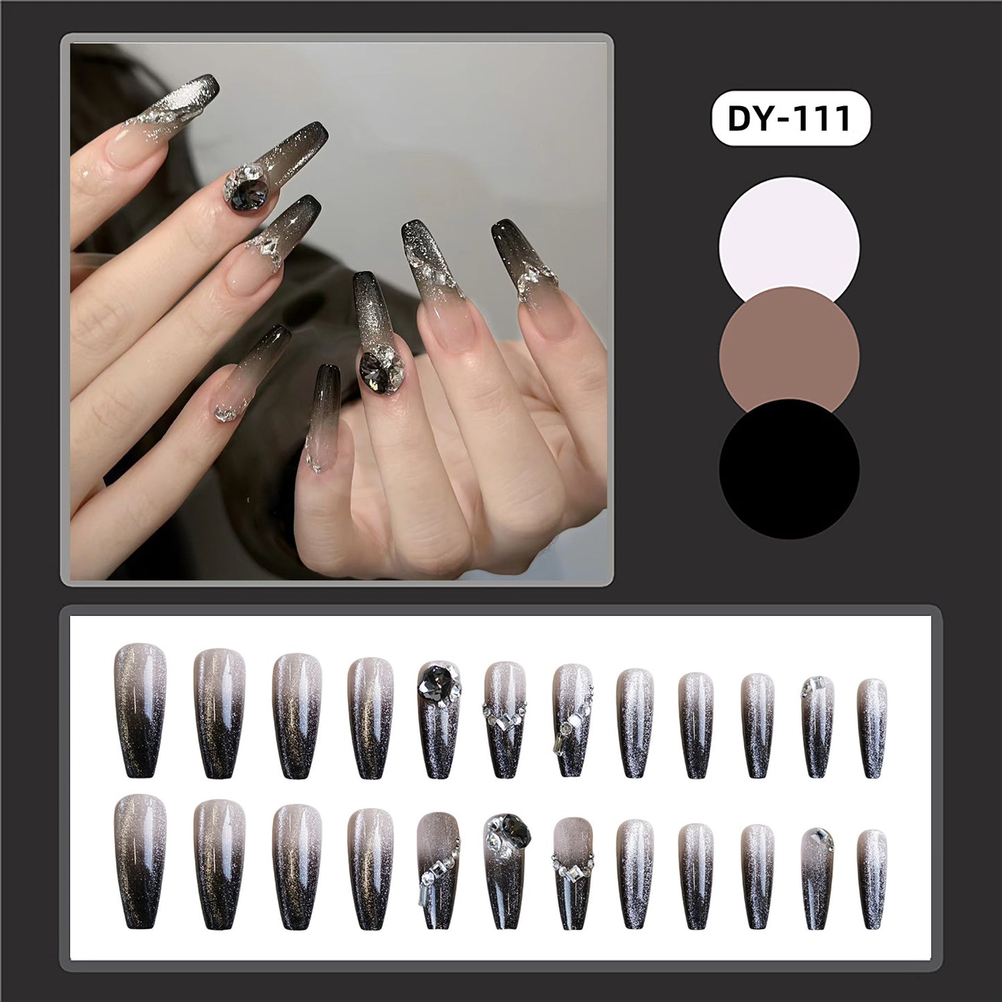 Black Gradient French Press-on Nails with Crystal Embellishments – Elegant & Glamorous Nail Tips for Special Occasions