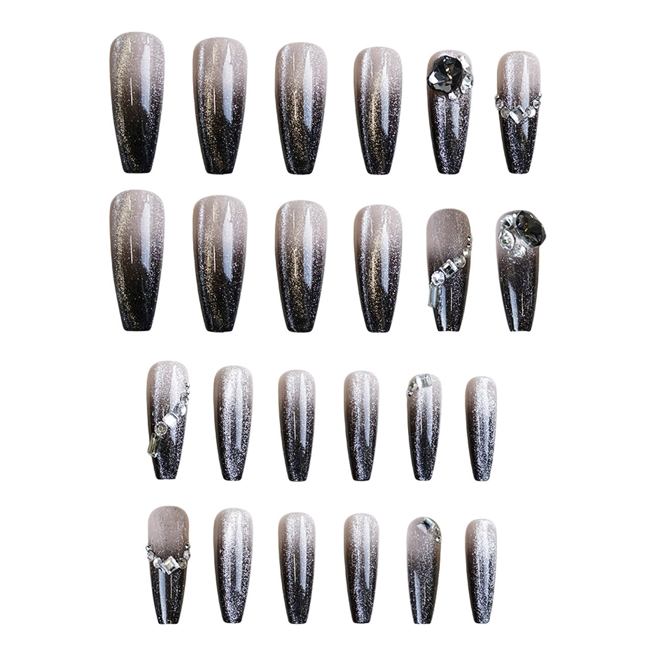 Black Gradient French Press-on Nails with Crystal Embellishments – Elegant & Glamorous Nail Tips for Special Occasions