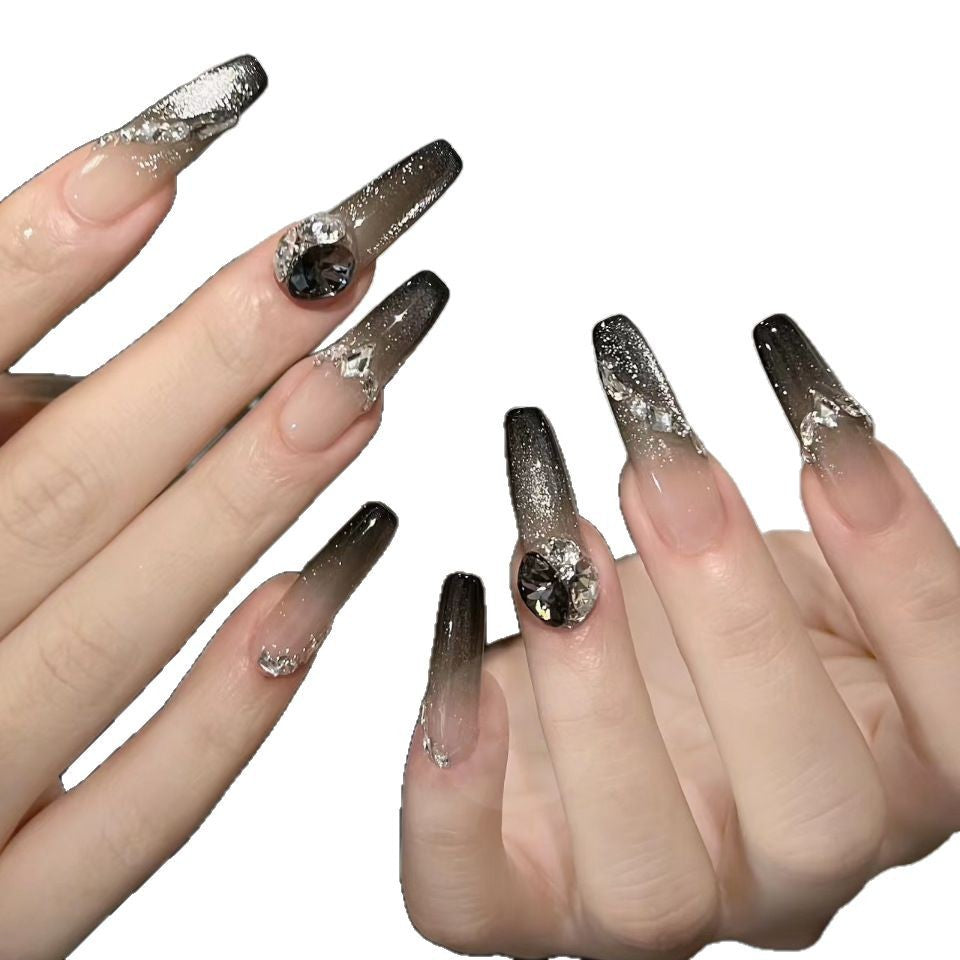 Black Gradient French Press-on Nails with Crystal Embellishments – Elegant & Glamorous Nail Tips for Special Occasions